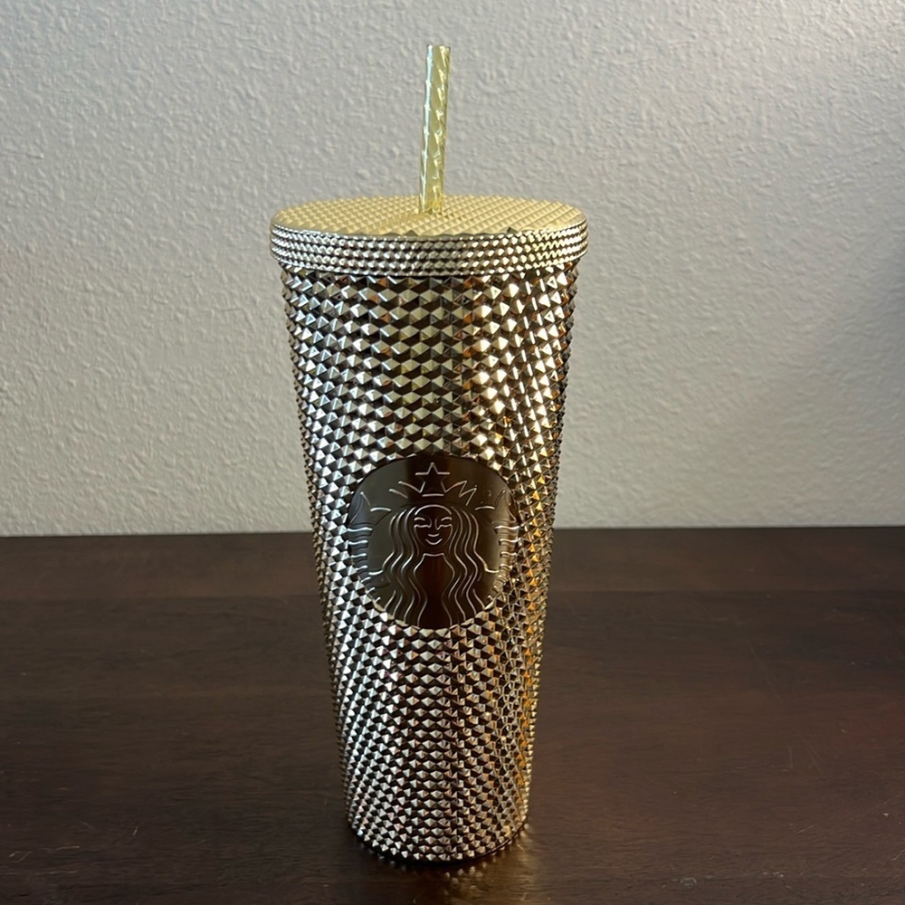 Starbucks Christmas Holiday 2022 Gold Bling Studded Cold Cup Tumbler Venti